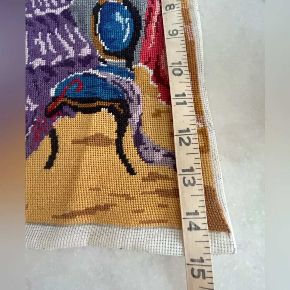 Vintage Needlepoint Completed Lady W/Guitar Hat Not Framed Clean Colorful Craft
